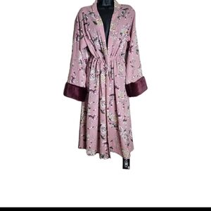 Justin & Taylor Rose Kimono Sheer Front Tassel Tie Robe  Velvet Sleeves One Size